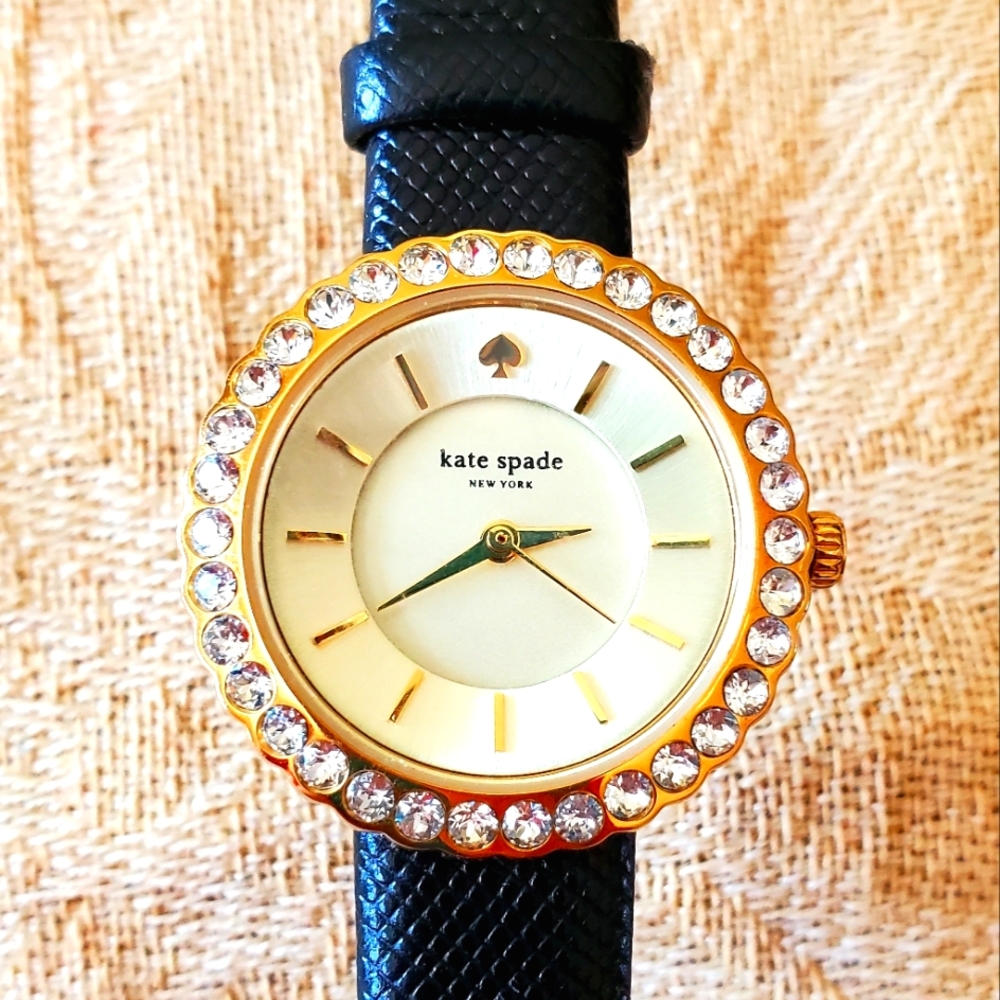 Kate Spade round crystal watch black leather 'In A New York Minute" box w boklet